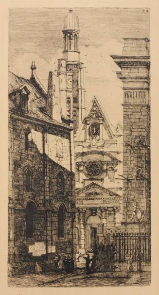 A photogravure of a church peeking through an alley between two buildings.