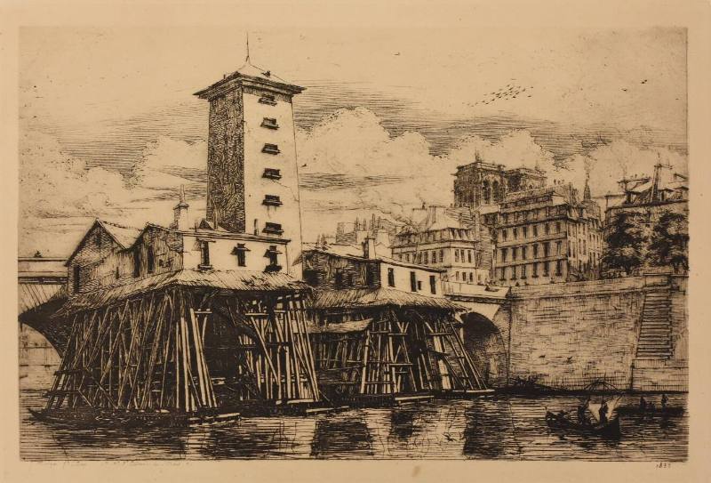 A photogravure of a building supported by timber piers next to an arched bridge.