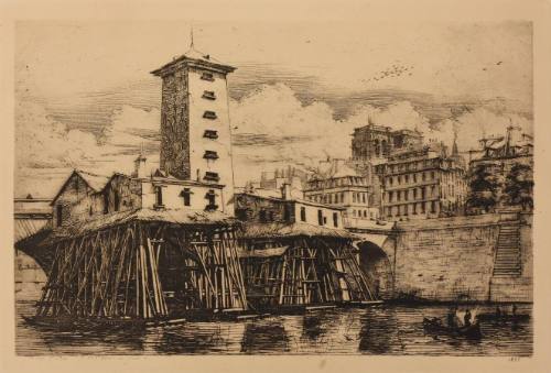 A photogravure of a building supported by timber piers next to an arched bridge.