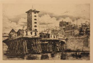 A photogravure of a building supported by timber piers next to an arched bridge.