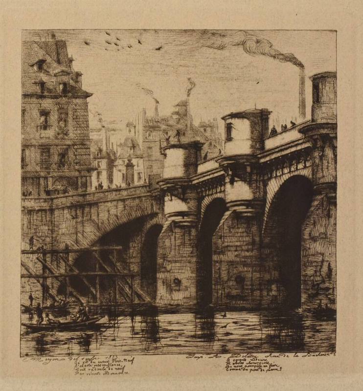 A photogravure of an arched bridge with turrets.