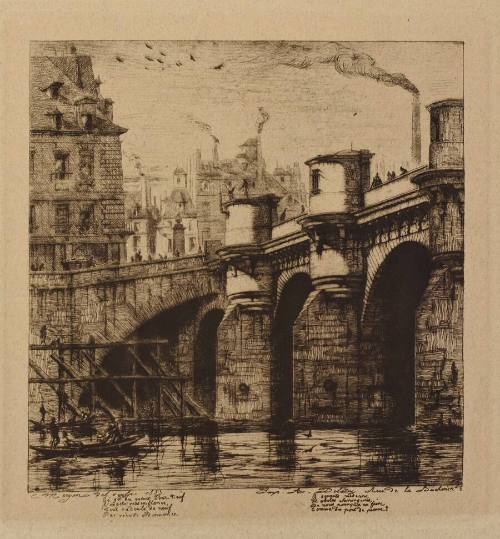 A photogravure of an arched bridge with turrets.