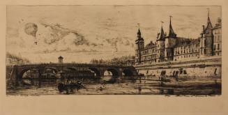 A photogravure of an arched bridge over a river with an imposing turreted building on the right…