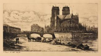 A cathedral in the back right towers over the horizon shaped by an arched bridge spanning a riv…