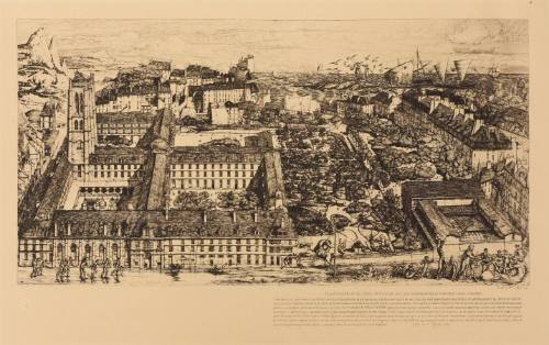 A bird's eye view of a city dominated by blocks of buildings forming courtyards with mountains …