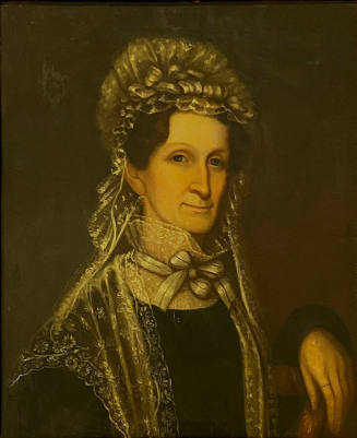 A half-length portrait of a woman wearing a black dress with ruffled lace cap, high lace collar…