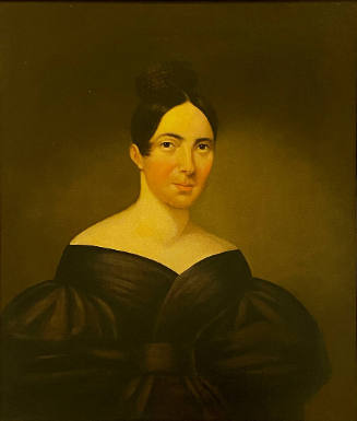 Half-length portrait of a young woman with dark hair and eyes, ruddy complexion in a black, off…