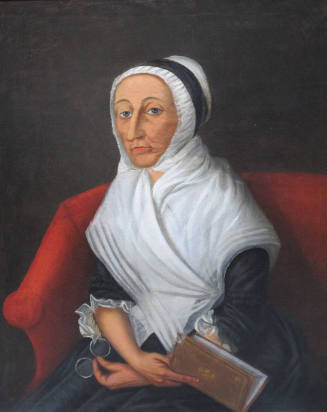 A portrait of a seated woman in a black gown with white cuffs and a white shawl over her should…