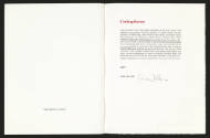 The end page with a colophon, a description of the book's production, and the artist's signatur…