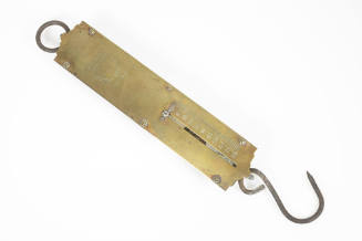 A spring brass scale engraved with units of weight measuring up to eighty pounds with a loop on…