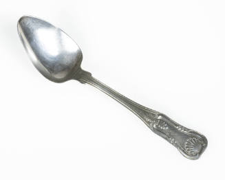 One of a pair of silver teaspoons in the Kings pattern, with decoration on the back side of the…