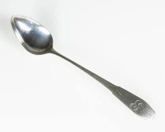 One of six silver teaspoons with a coffin handle and a monogrammed scroll with the initials "EG…