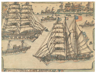 A drawing of two tall ships at full mast navigating between tugboats in the waters off the coas…