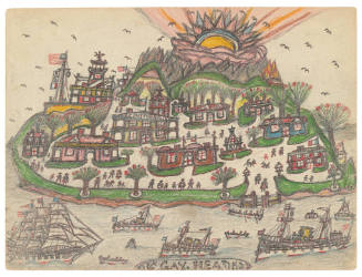 A drawing of ships sailing passed a high landmass with colorful buildings and the sun in the st…