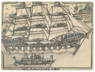 A drawing of a galleon ship at full mast with a British flag alongside a smaller tugboat.
