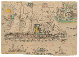 A drawing of a masted steam ship sailing passed a plot of land on the horizon with a brown ligh…