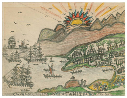 A drawing of ships anchored off the coast of a mountainous island and a city by the bay. In the…