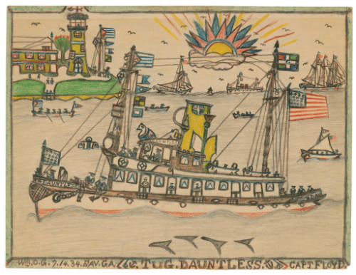 A drawing of a tugboat sailing passed a plot of land on the horizon with a yellow lighthouse. 