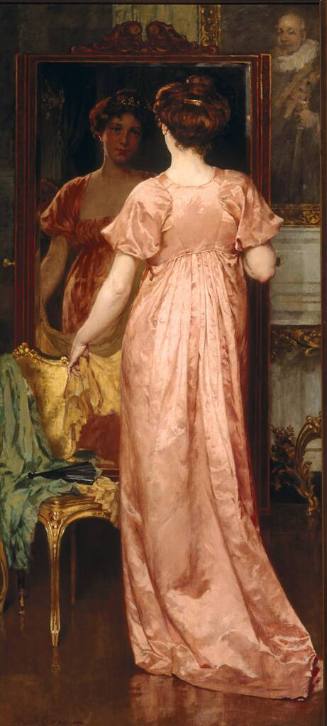 Full-length portrait of a young woman, wearing a pink gown with empire waist, in front of a mir…