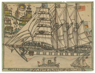 A drawing of a ship at full mast sailing passed a piece of land on the horizon with a yellow st…