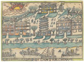 A drawing of ships sailing passed a shore lined with stately buildings punctuated in the center…
