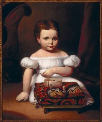A mourning or memorial portrait of a little girl sitting on the floor, removing doll-size cups …
