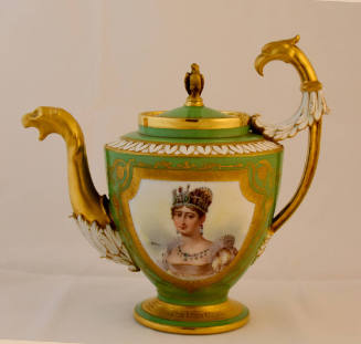 A green porcelain teapot with a gold framed portrait of Josephine Bonaparte on the body, gold z…