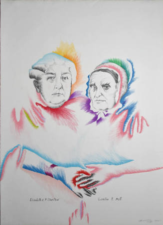 A colorful rendering of two female busts and their hands touching.