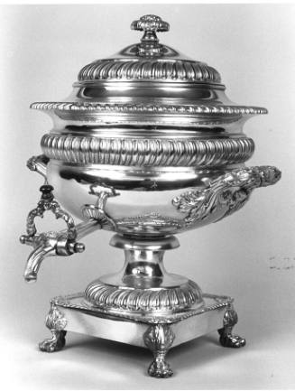 A silver-plated hot water urn with a melon-shaped body decorated in slanted gadroon borders, a …