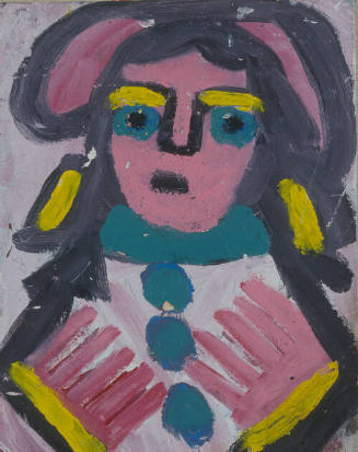 The front of a double-sided painting on canvas board of a pink-toned figure with yellow eyebrow…