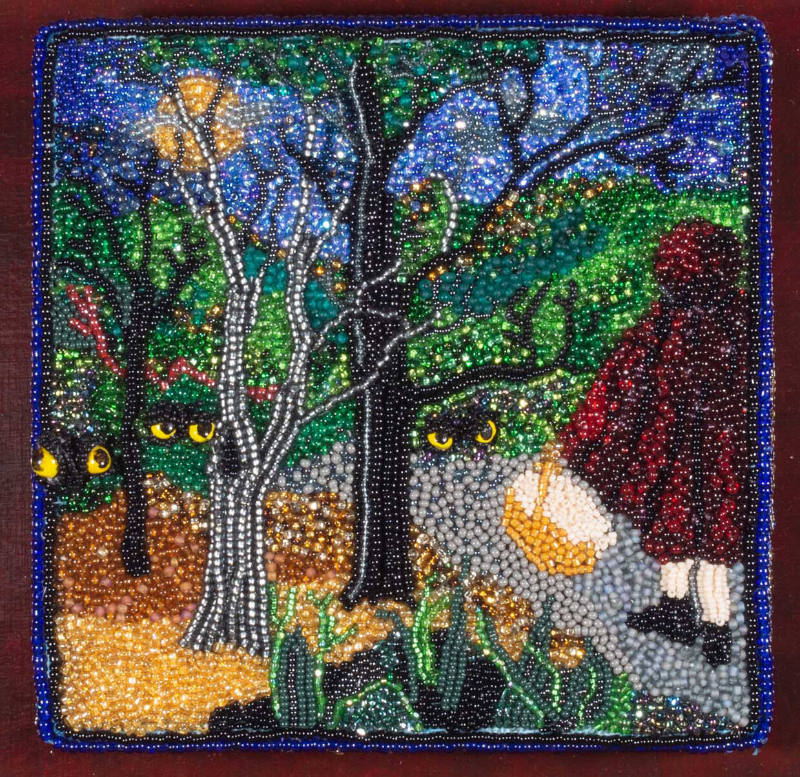 A figure in a red cloak walks on a path in the woods with large pairs of yellow eyes staring fr…