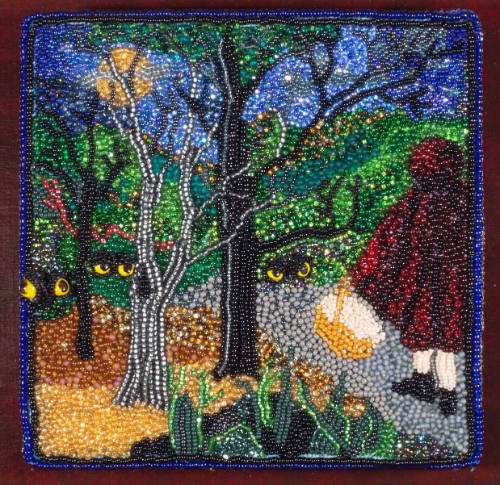 A figure in a red cloak walks on a path in the woods with large pairs of yellow eyes staring fr…