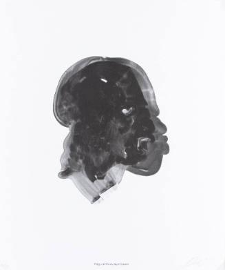 A black and white lithograph of two superimposed heads in profile.