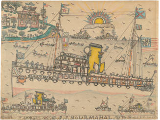 A drawing of a steamer yacht with masts and an American flag. The ship sails past a shore with …