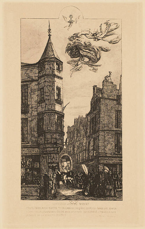 A bustling street with a hexagonal tower store front looming over a horse drawn wagon in the st…