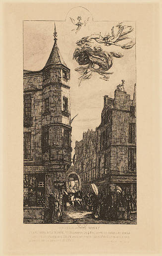 A bustling street with a hexagonal tower store front looming over a horse drawn wagon in the st…