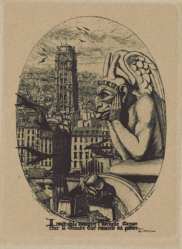 A gargoyle with its tongue out overlooking the city as black birds fly about over the city.