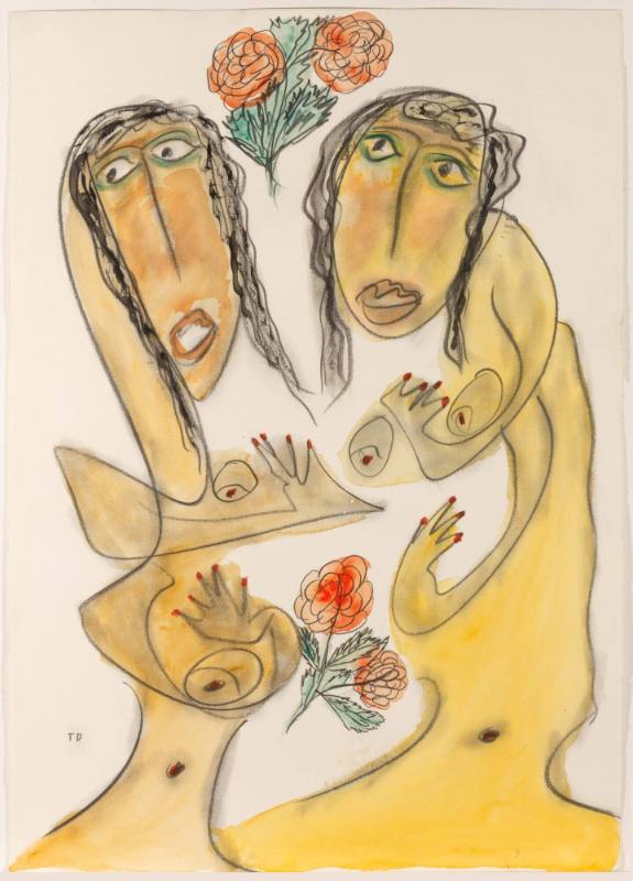 A drawing of two abstract female figures side by side with two red flowers above their heads an…