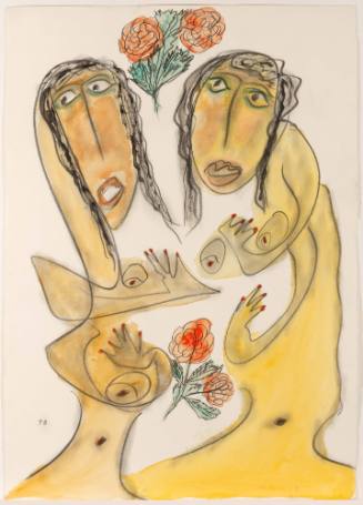 A drawing of two abstract female figures side by side with two red flowers above their heads an…