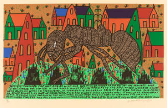 A colorful print depicting an oversized ant in front of a linear village.