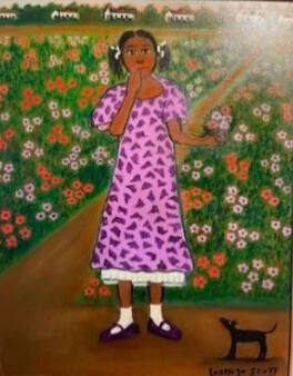 Untitled (A young African American young girl in a pink dress holding picked flowers in a flower field)