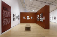 An installation shot of the "Social Change" text panel and a selection of photographs in a pock…