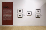 An installation shot of the "Social Change" text panel and a set of five photographs to the rig…