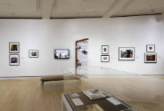 An installation shot of the east wall with a text panel on "The Cameras of Bruce Davidson" a se…