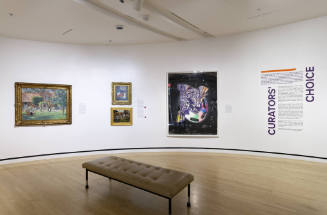 An installation shot of the northeast corner with the title panel on the right and four works t…