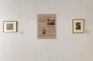 An installation shot of two prints between the "Kathleen Newton" text panel. 