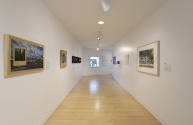 An installation shot of the corridor lined with works of art in various media. 