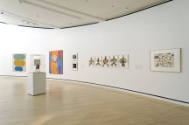 Installation shot of the northeast wall of Complex Uncertainties: Artists in Postwar America, r…