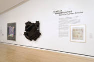 Installation shot of the title wall to Complex Uncertainties: Artists in Postwar America, rotat…