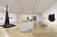 Installation shot of the southeast corner of Complex Uncertainties: Artists in Postwar America,…